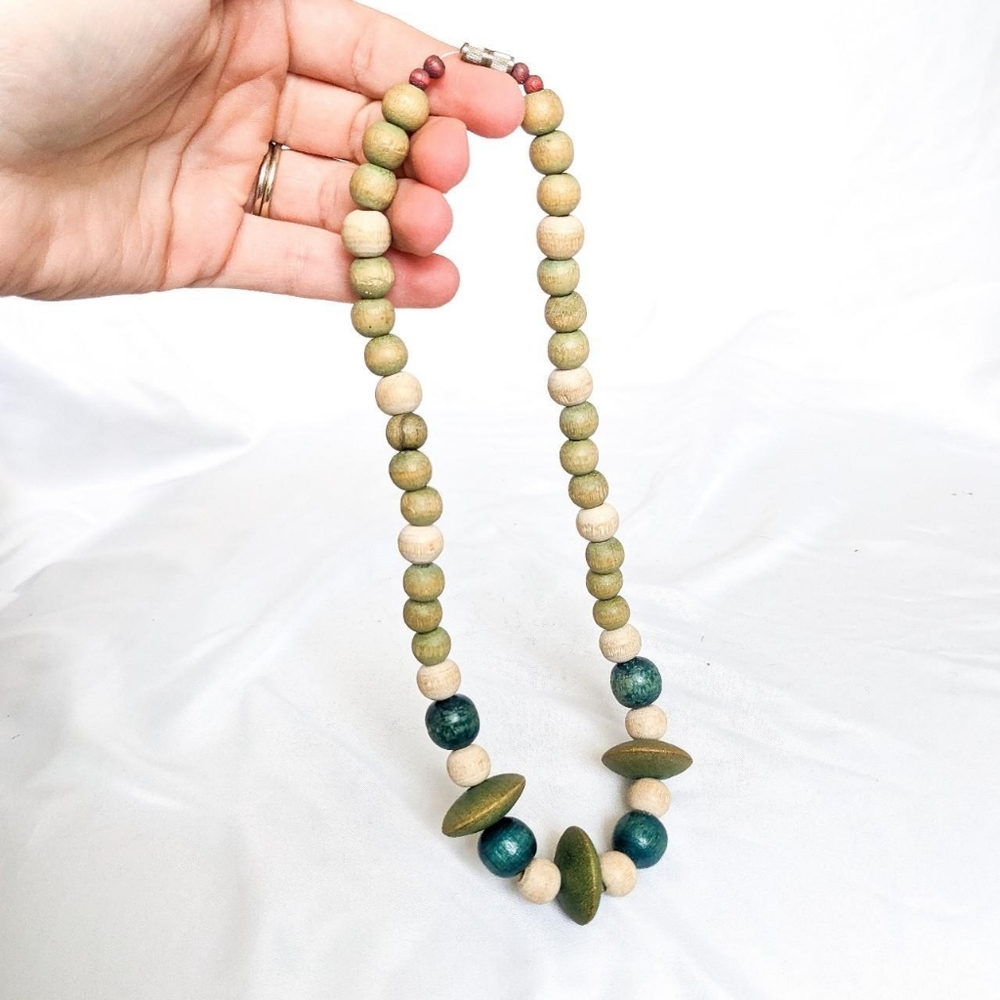 Vintage Handmade Beaded Blue and Green Wooden Beaded Necklace